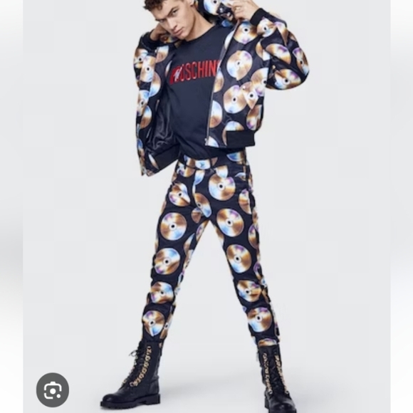 Moschino × H&M CD Print Black Satin Jeremy Scott Designer Rare Limited Ed. Pants - Picture 16 of 16
